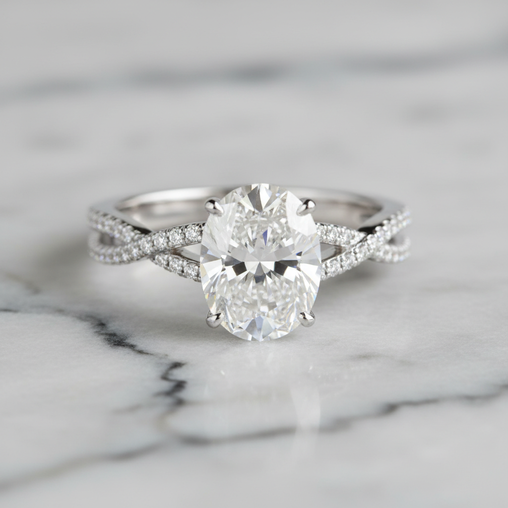 The Aurelis Céleste — an 18ct white gold oval diamond solitaire with a twisted split-shank band