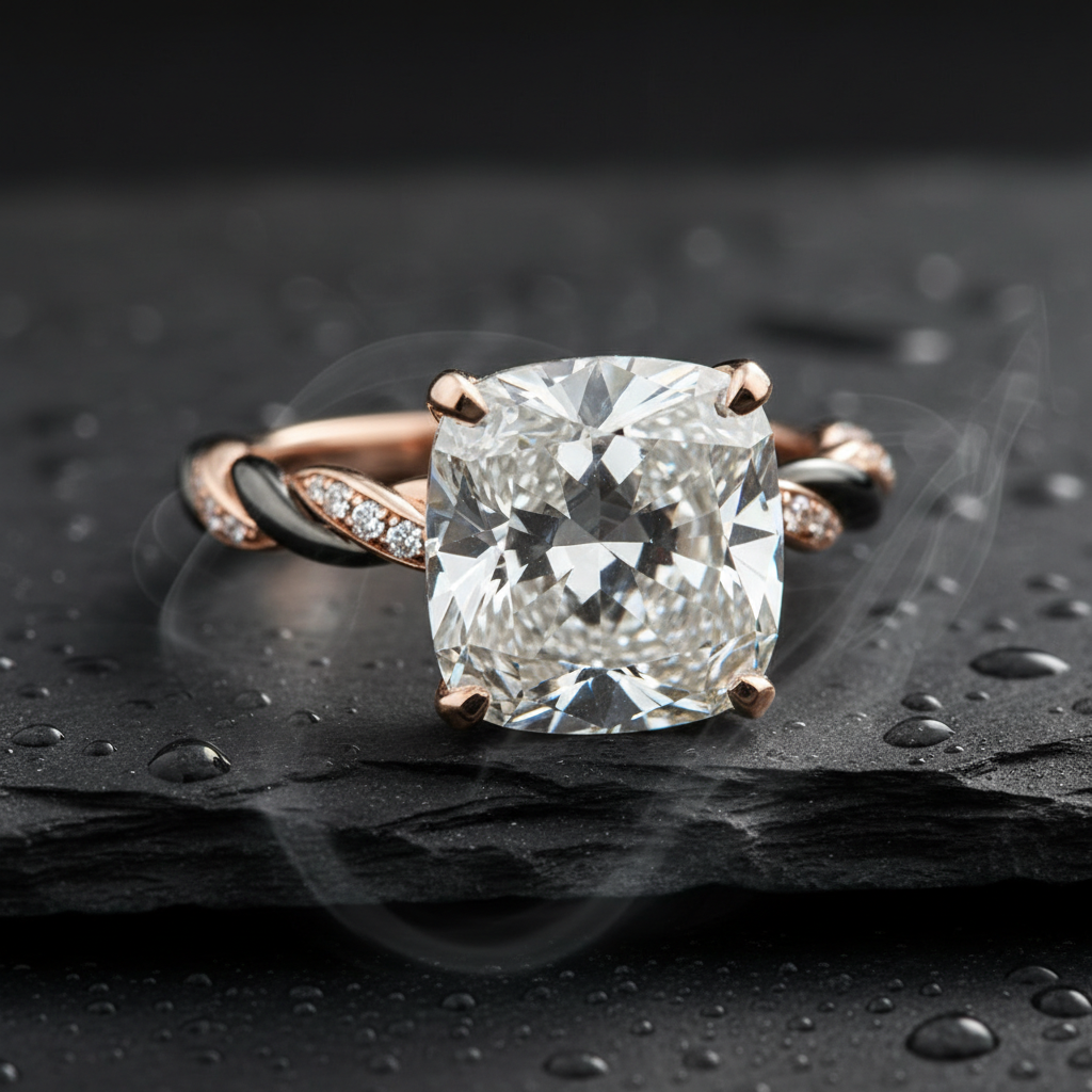 The Aurelis Noir — 18ct Rose Gold Cushion-Cut Diamond Ring with a black rhodium-dipped twisted band and tapered pavé shoulders. Dark, romantic, and striking.